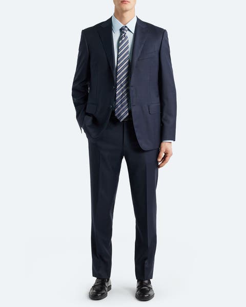 A navy, classic-fit suit.