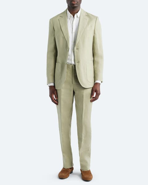 A light green, slim-fit suit.