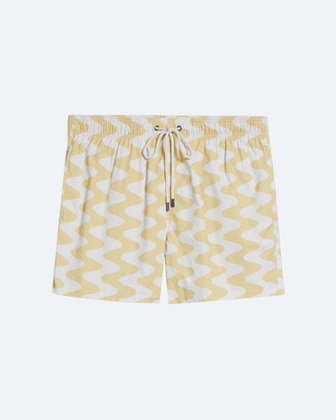 Patterned swim trunks.