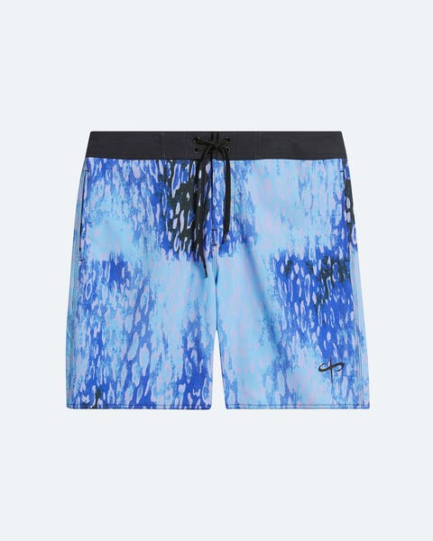 Blue patterned board shorts.