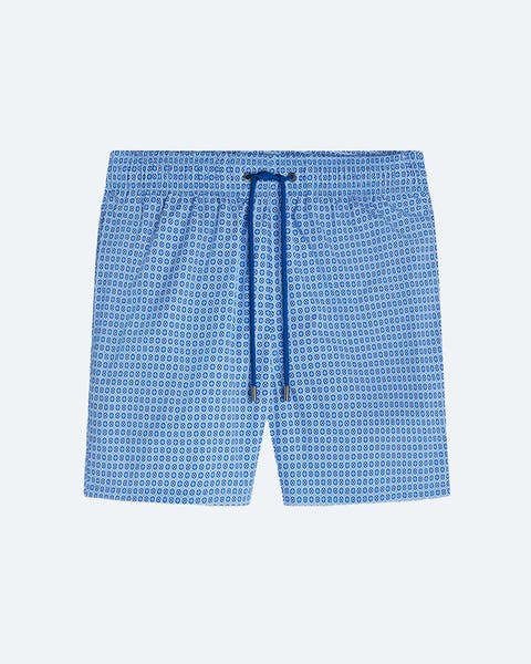 Blue check swim trunks.