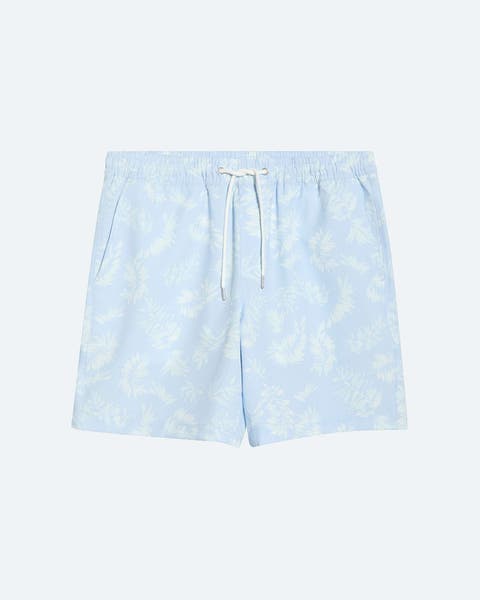 Blue patterned swim trunks.