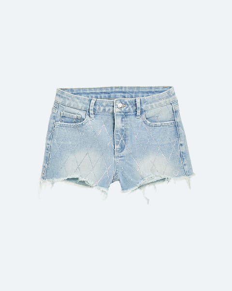 Denim cutoff short with sparkly silver detailing.