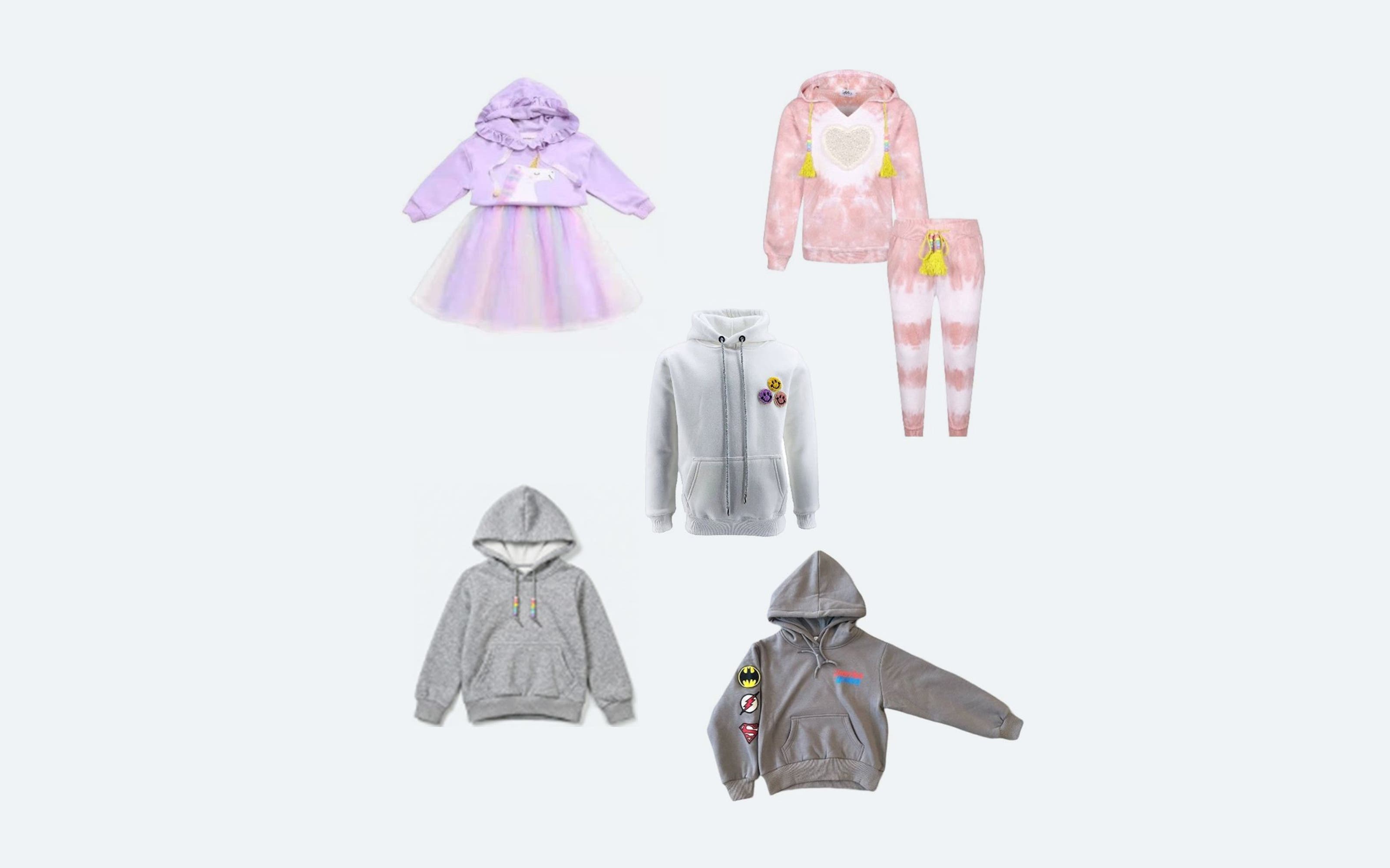 Lola + The Boys Hoodie Unicorn Tutu Set, Crystal Rainbow Hoodie, Emoji Love Hoodie, Candy Heart Tie Dye Set and Justice League Hero Hoodie.