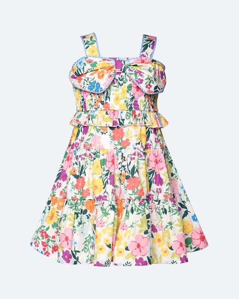 A bright colored floral dress