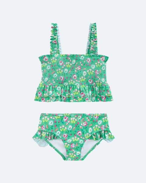 A green two piece bathing suit.