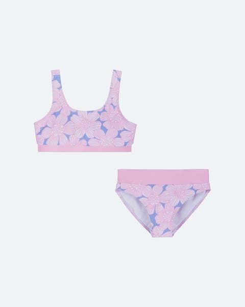 A pink and blue floral two piece swimsuit.