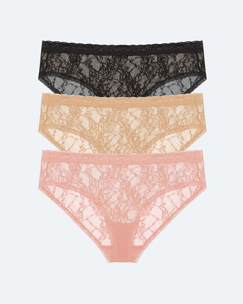 Black, Tan and Blush lace mesh underwear.