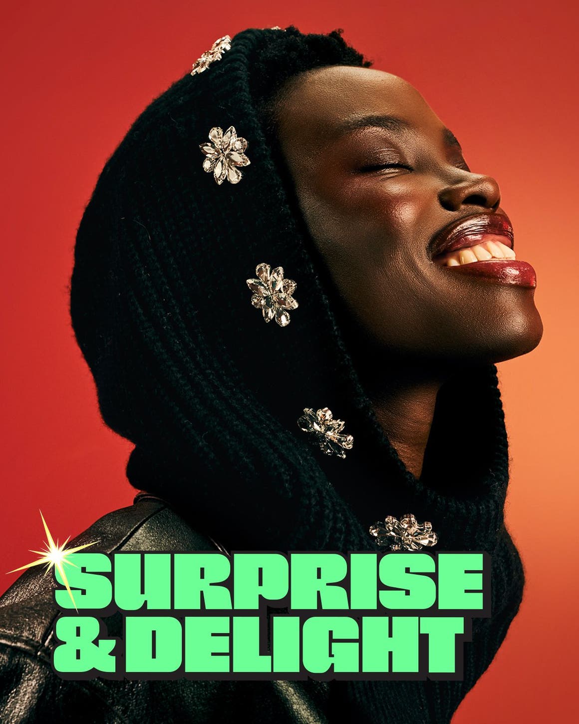 Surprise and delight. A woman wearing a bejeweled scarf around her head. 
