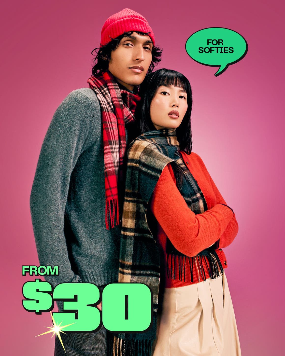  Cashmere from $30. A man and woman pose wearing cashmere sweaters and scarves. 