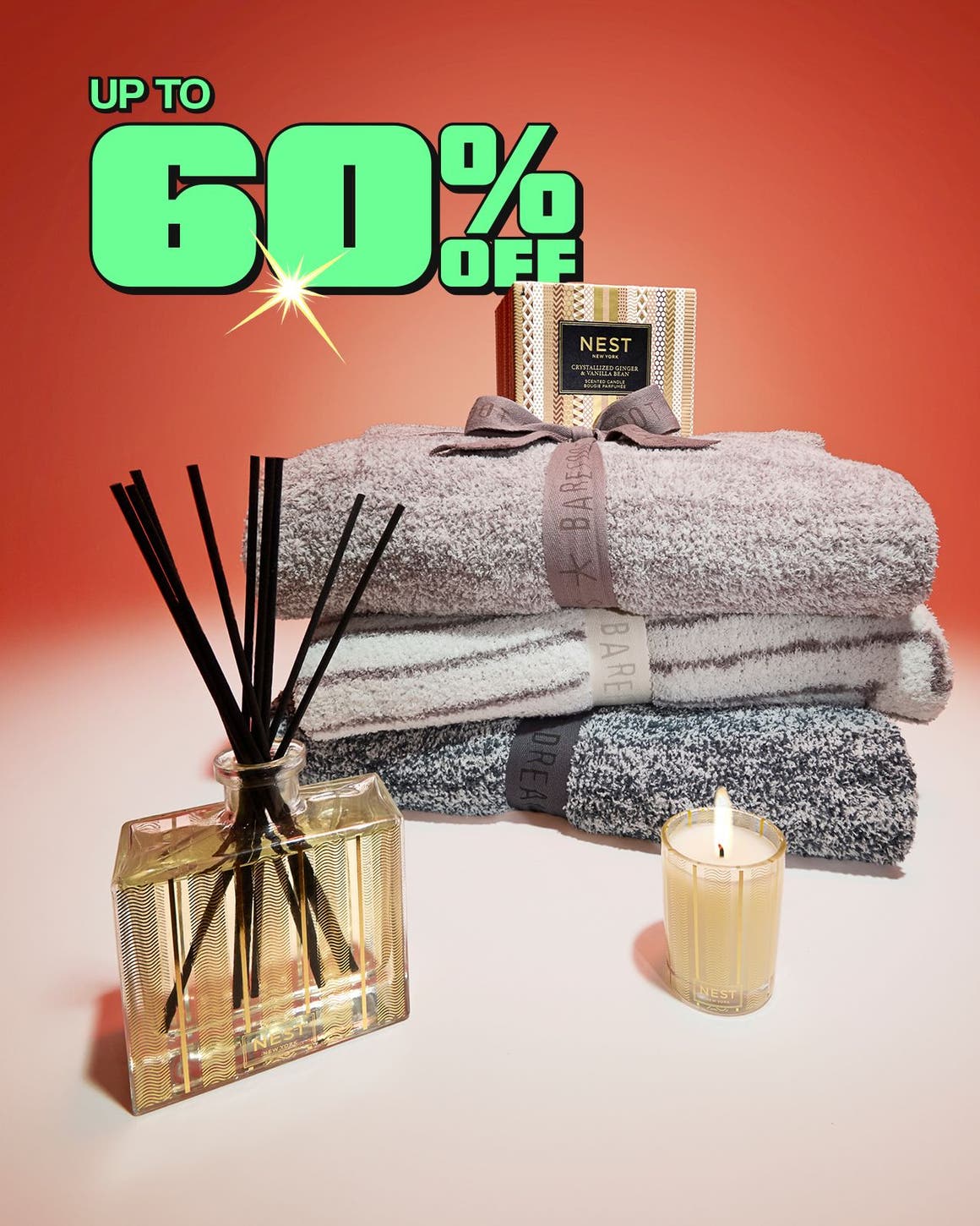 Throw blankets and home fragrance items: up to 60% off. 