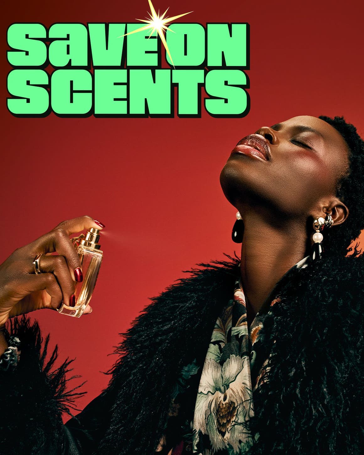 A woman applies perfume.