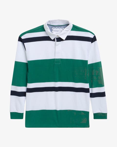 A little boy's striped white and green shirt.