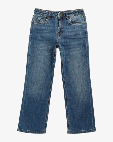 A pair of boys' dark wash jeans.