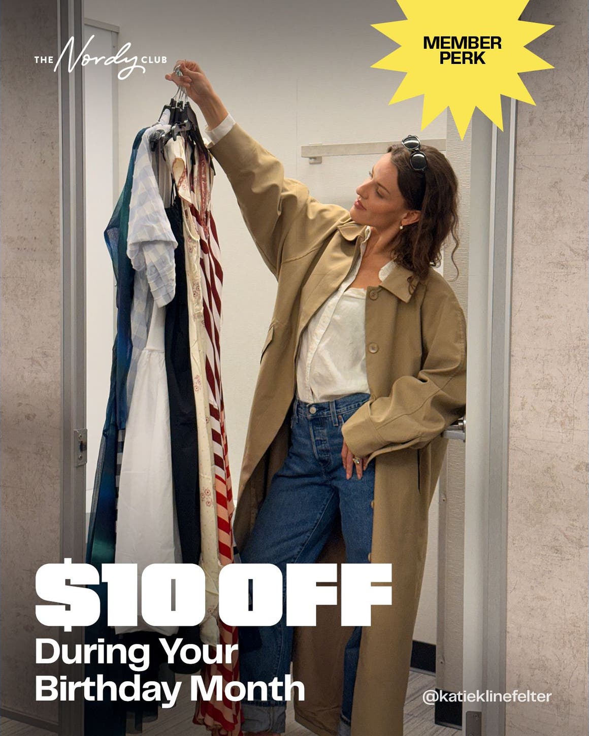 Member perk: get $10 off during your birthday month. A woman looking at clothing.