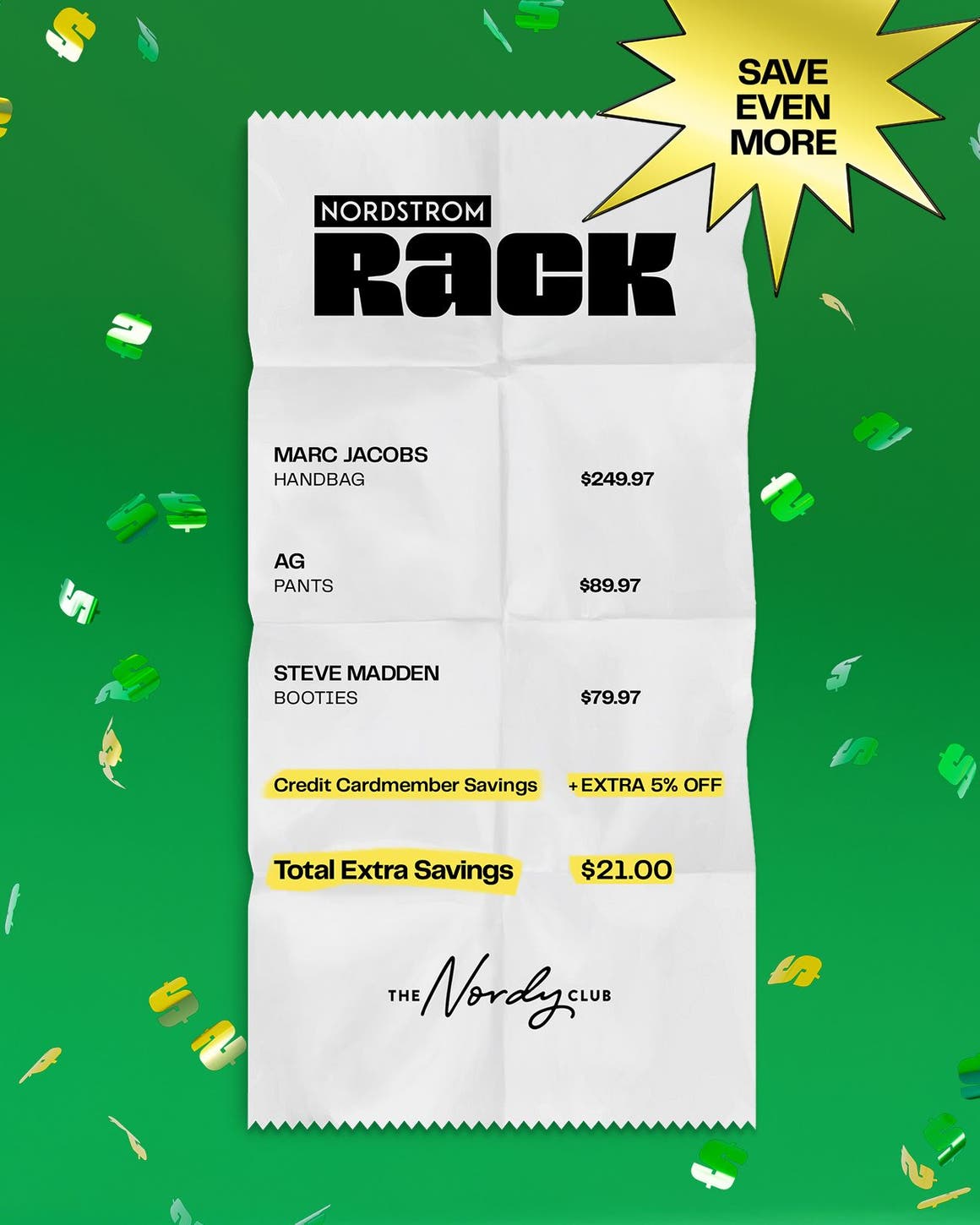 Nordstrom Rack receipt showing extra savings with 5% off for credit cardmembers.