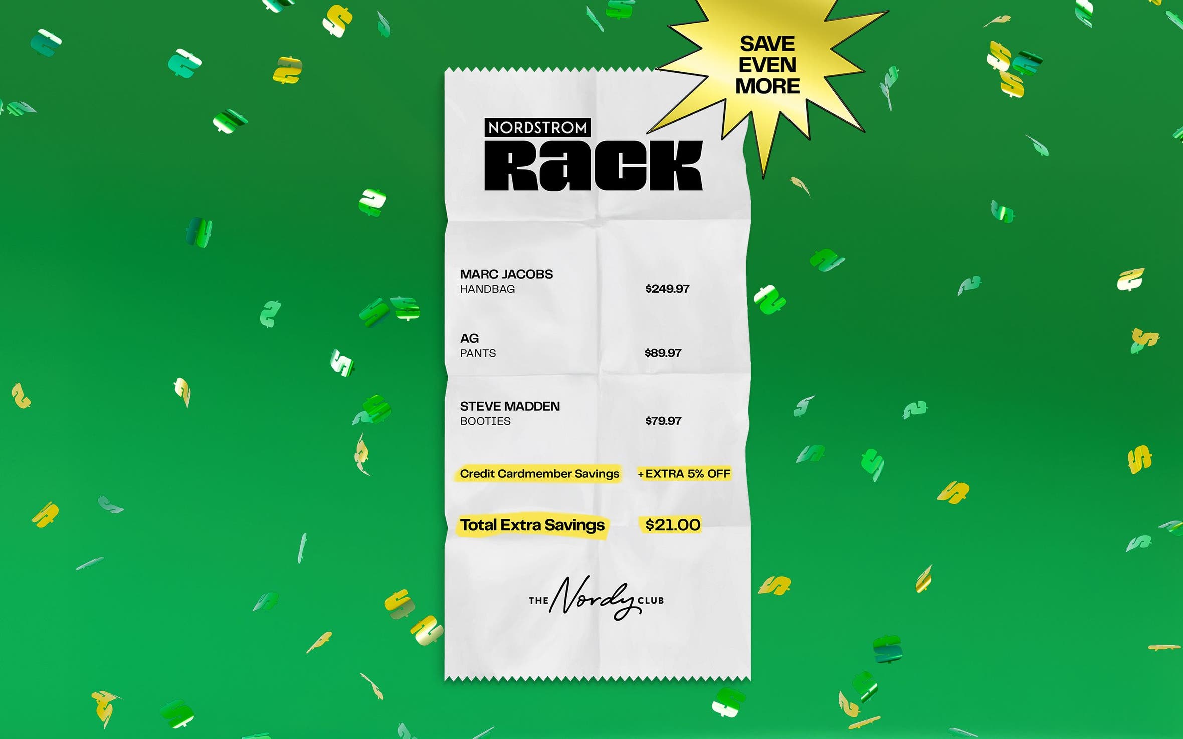 A Nordstrom Rack receipt shows how much a credit cardmember can save with a 5% credit cardmember discount. 
