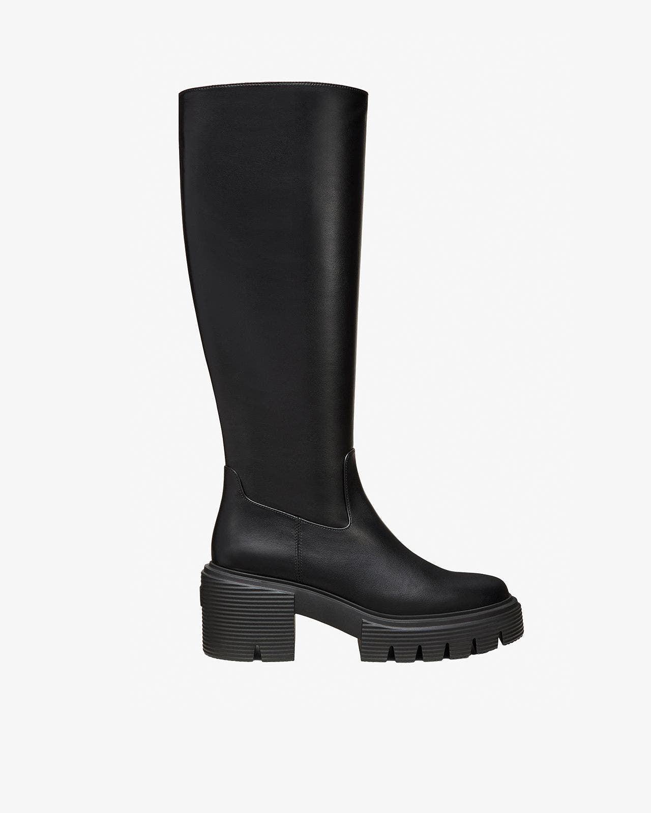 A black knee high boot.