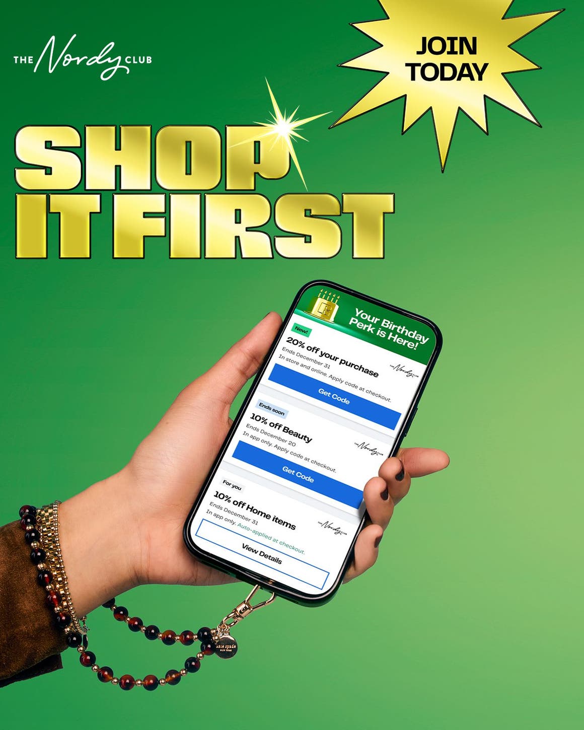 The Nordy Club: join today to shop first. A hand holding a phone.
