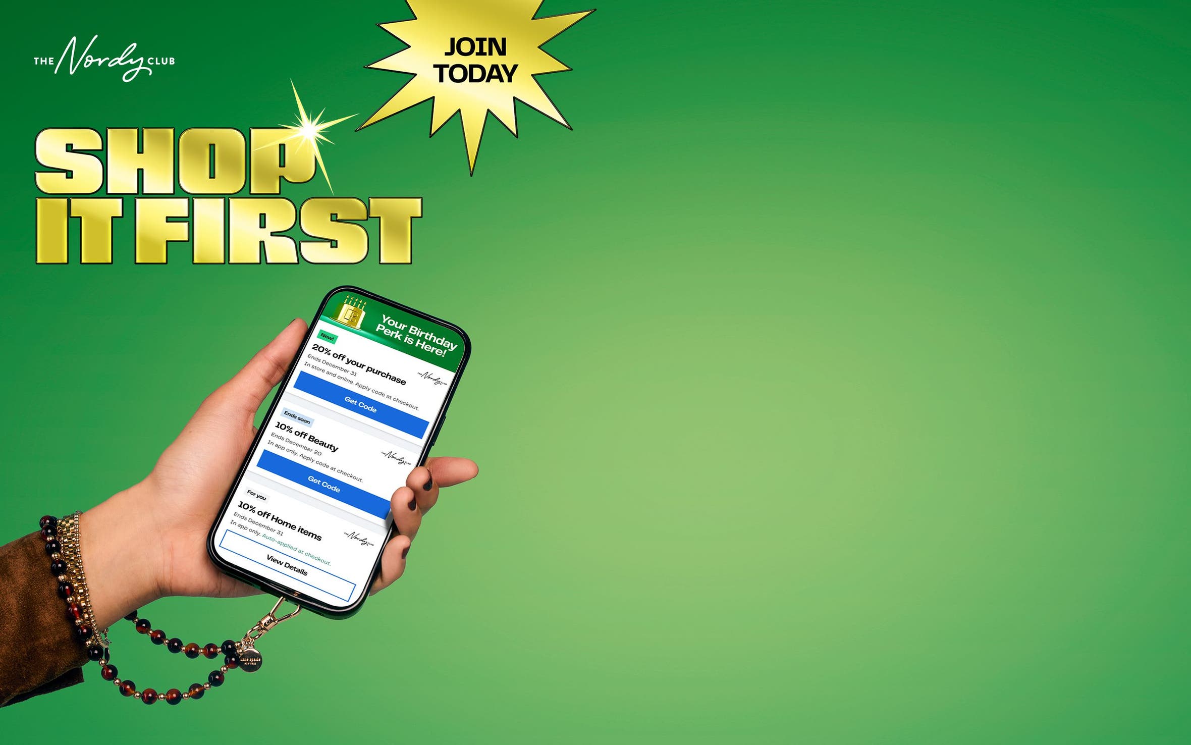 The Nordy Club: join today to shop first. A hand holding a phone.