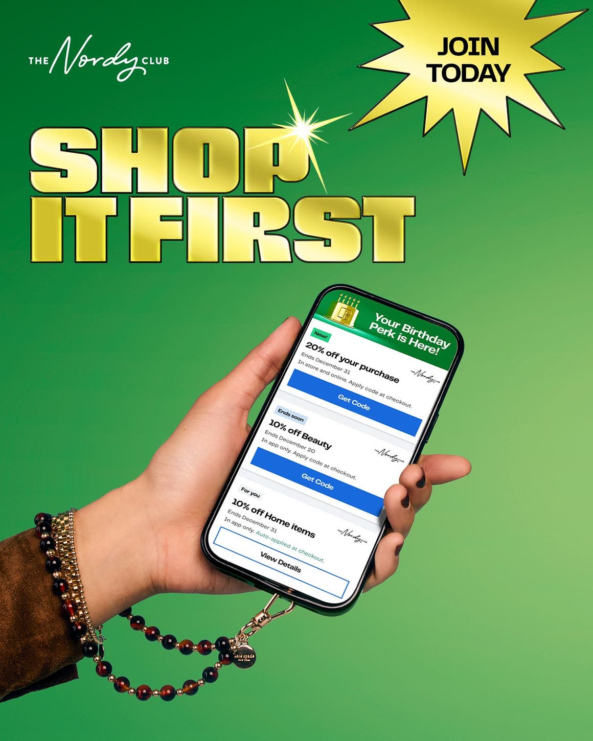 The Nordy Club: join today to shop first. A hand holding a phone.