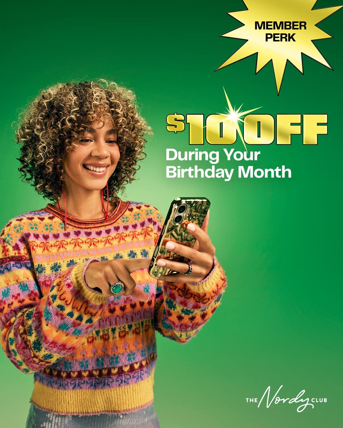 Member perk: annual birthday perk. A woman looking at her phone.