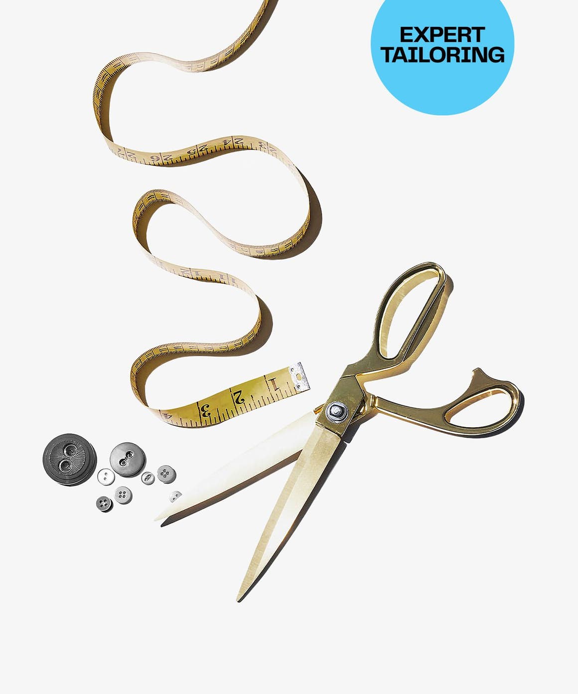Expert tailoring. A pair of scissors, a measuring tape and buttons.