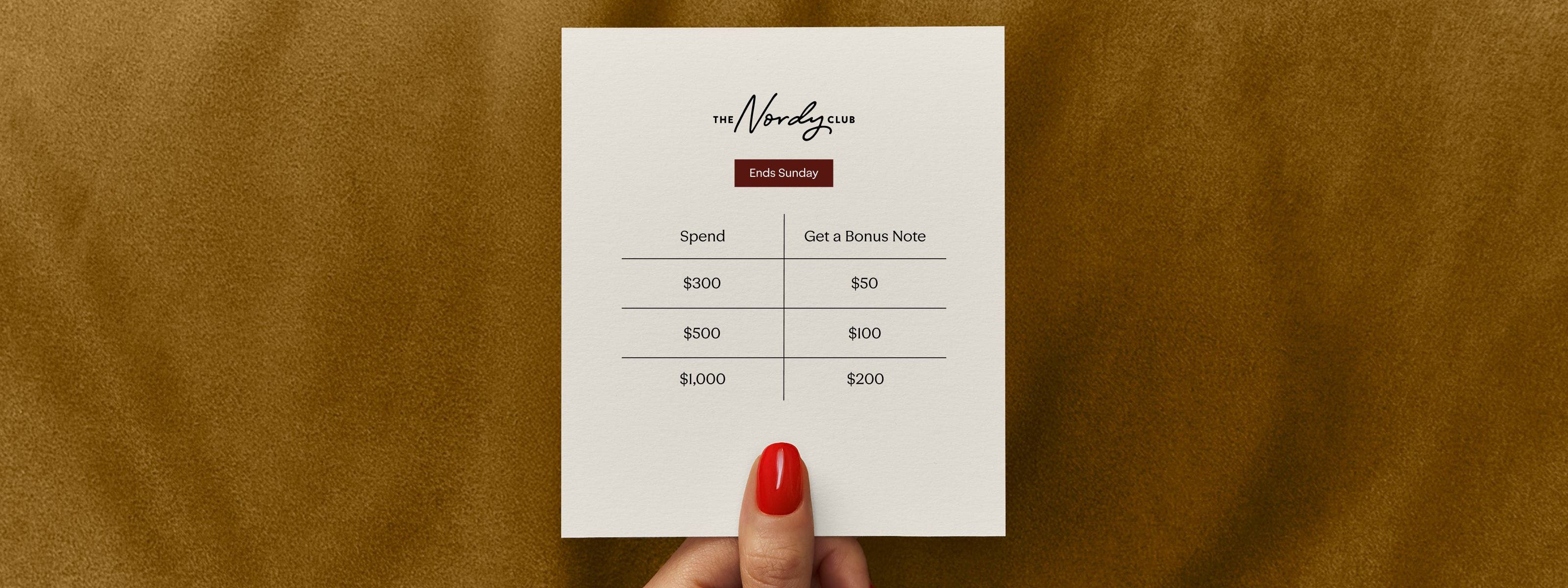 Spend $300, get a $50 Bonus Note. Spend $500, get a $100 Bonus Note. Spend $1,000, get a $200 Bonus Note. Ends Sunday.
