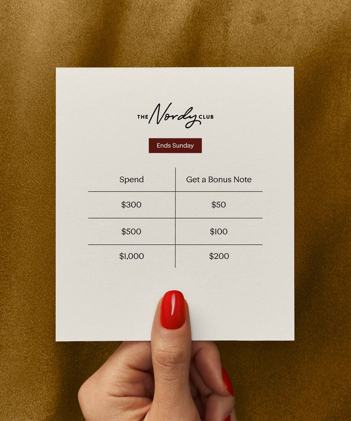 Spend $300, get a $50 Bonus Note. Spend $500, get a $100 Bonus Note. Spend $1,000, get a $200 Bonus Note. Ends Sunday.