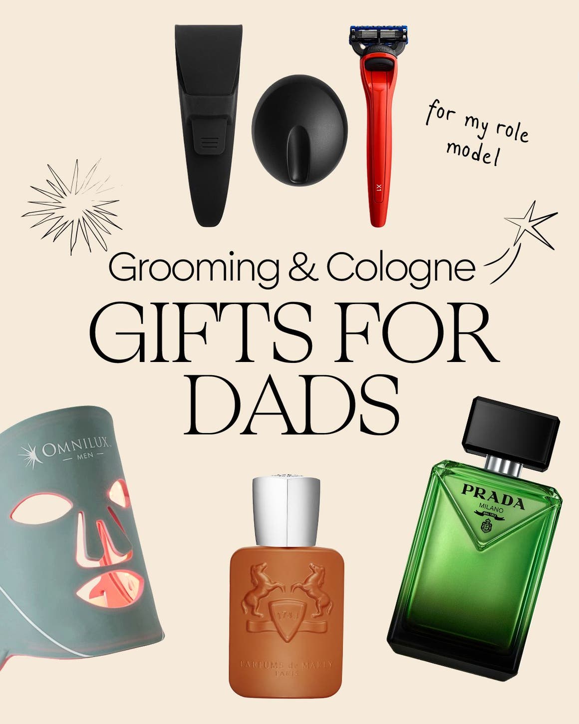 Grooming and cologne gifts for dads. A collage of men's skin care, shaving and cologne gifts.