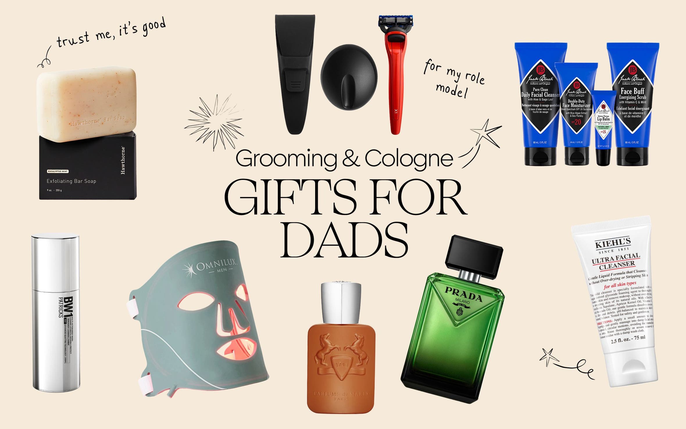 Grooming and cologne gifts for dads. A collage of men's skin care, shaving and cologne gifts.
