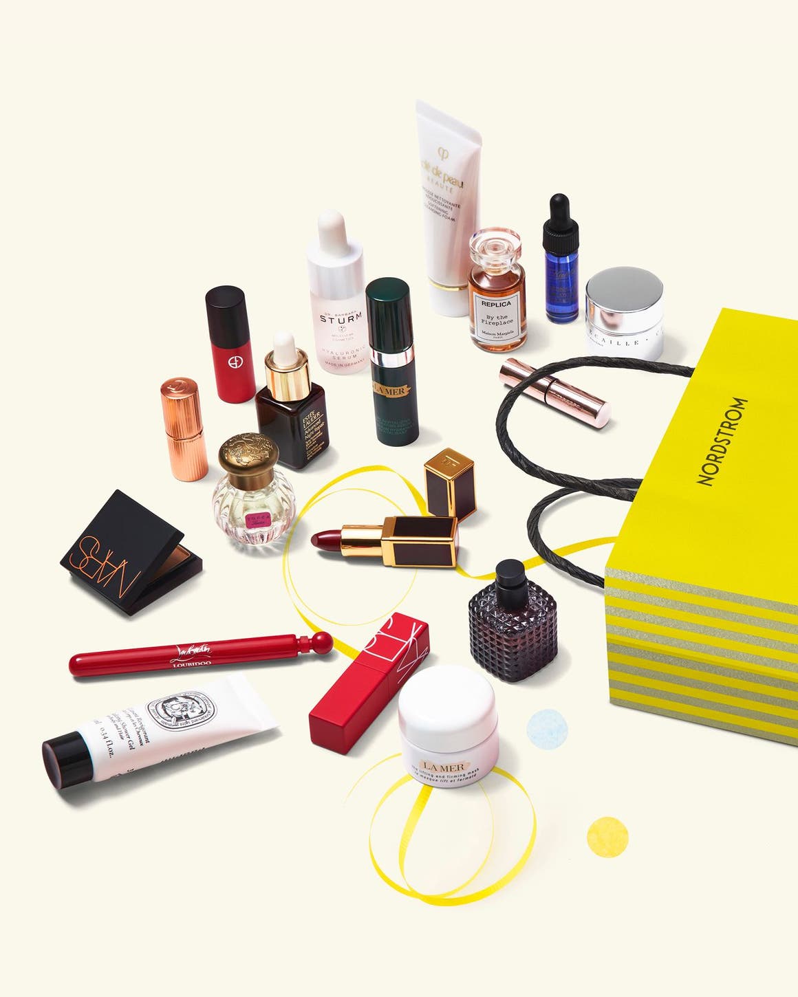 beauty samples and a shopping bag.