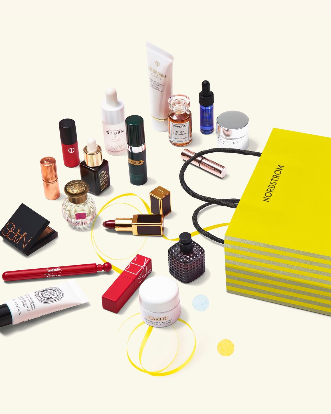 beauty samples and a shopping bag.