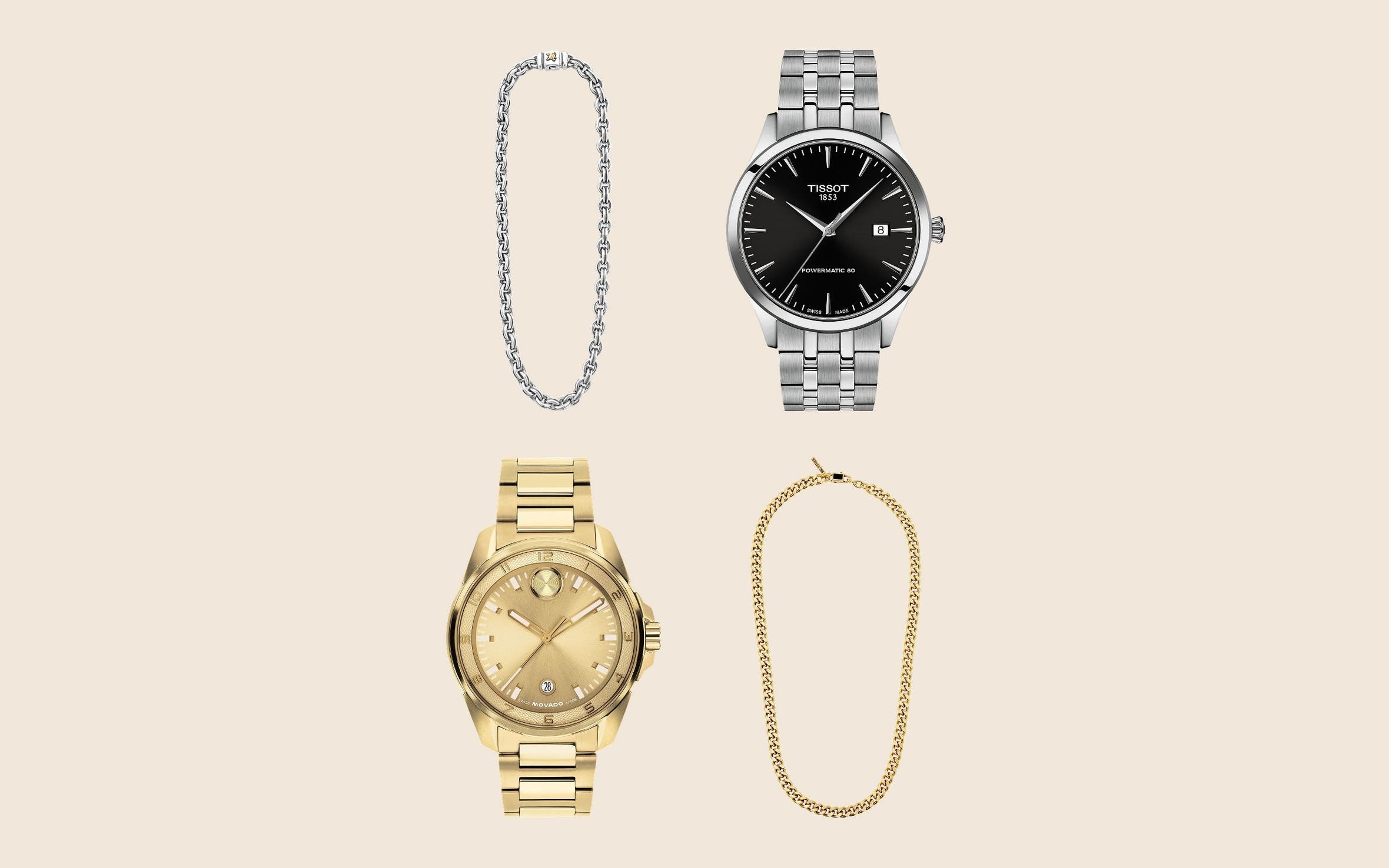 A collage of watches and jewelry. 