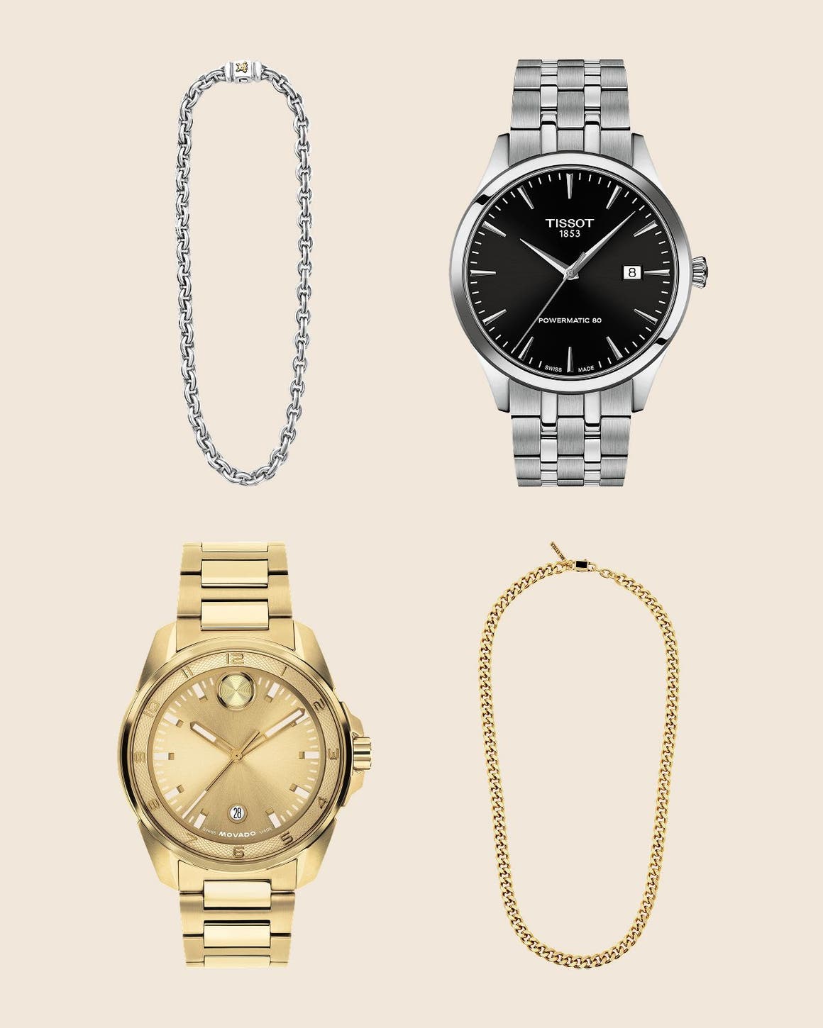 A collage of watches and jewelry. 