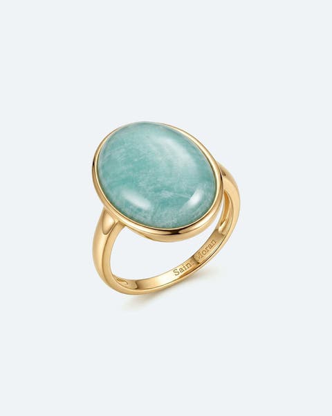 Gold ring with an oval teal gemstone.
