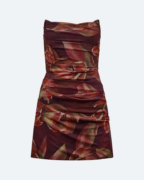 A strapless, floral minidress.