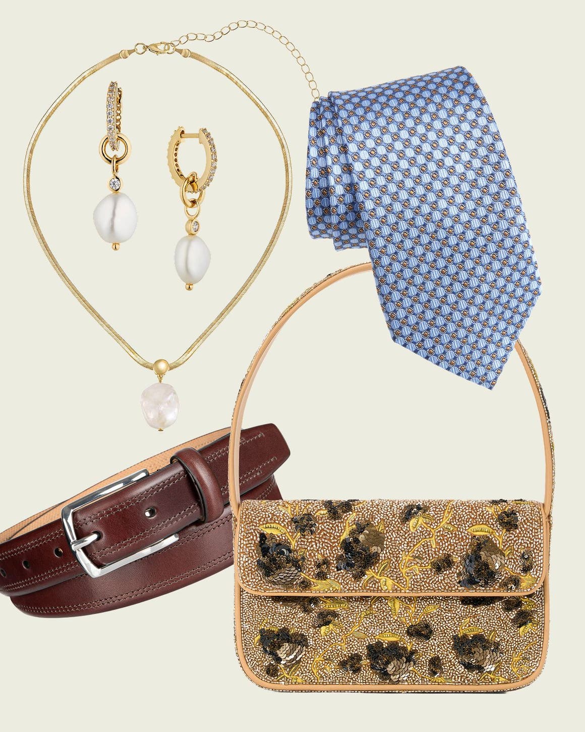 Natural pearl drop earrings; patterned silk tie; beaded clutch; leather belt and pearl drop necklace.