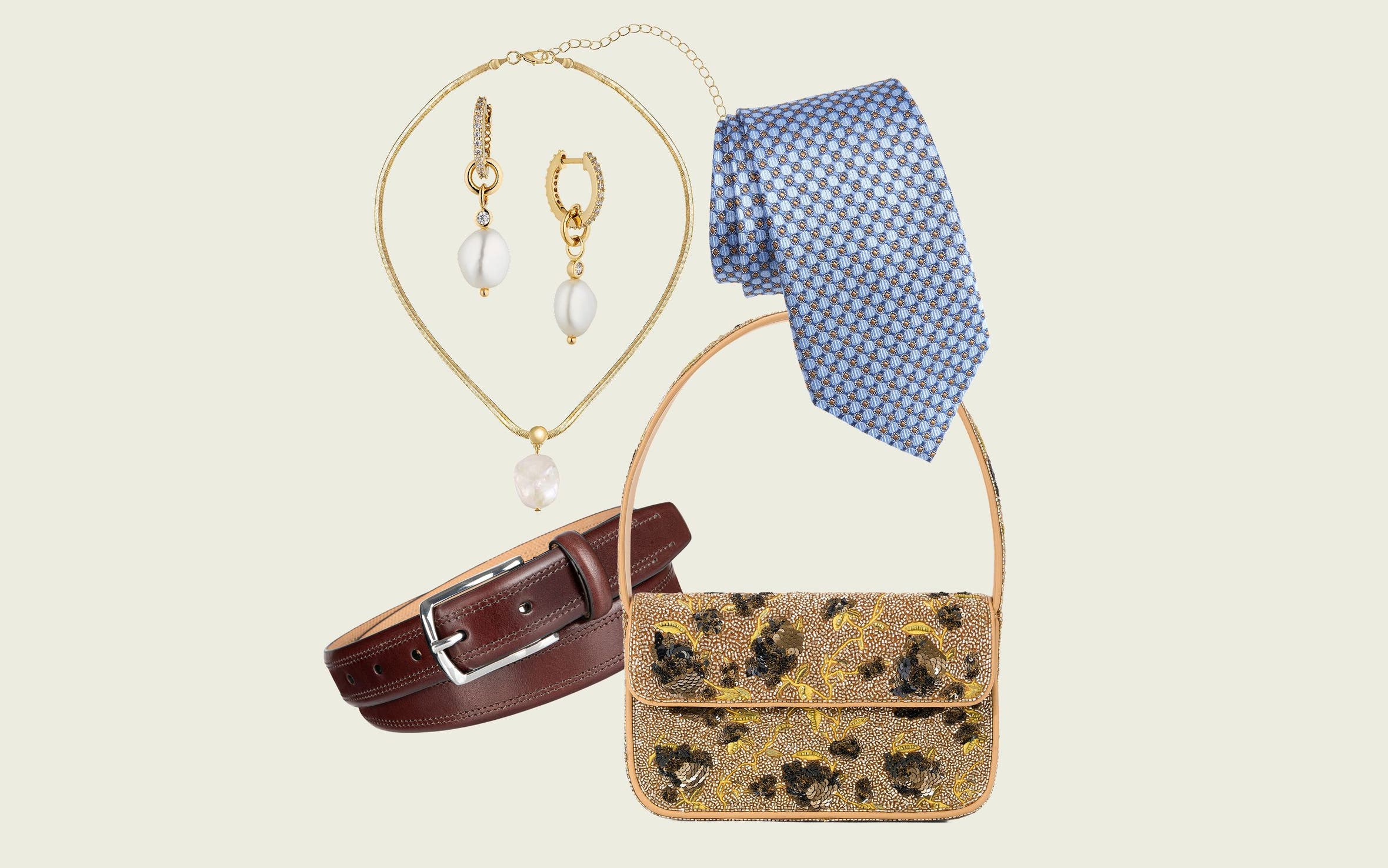 Natural pearl drop earrings; patterned silk tie; beaded clutch; leather belt and pearl drop necklace.
