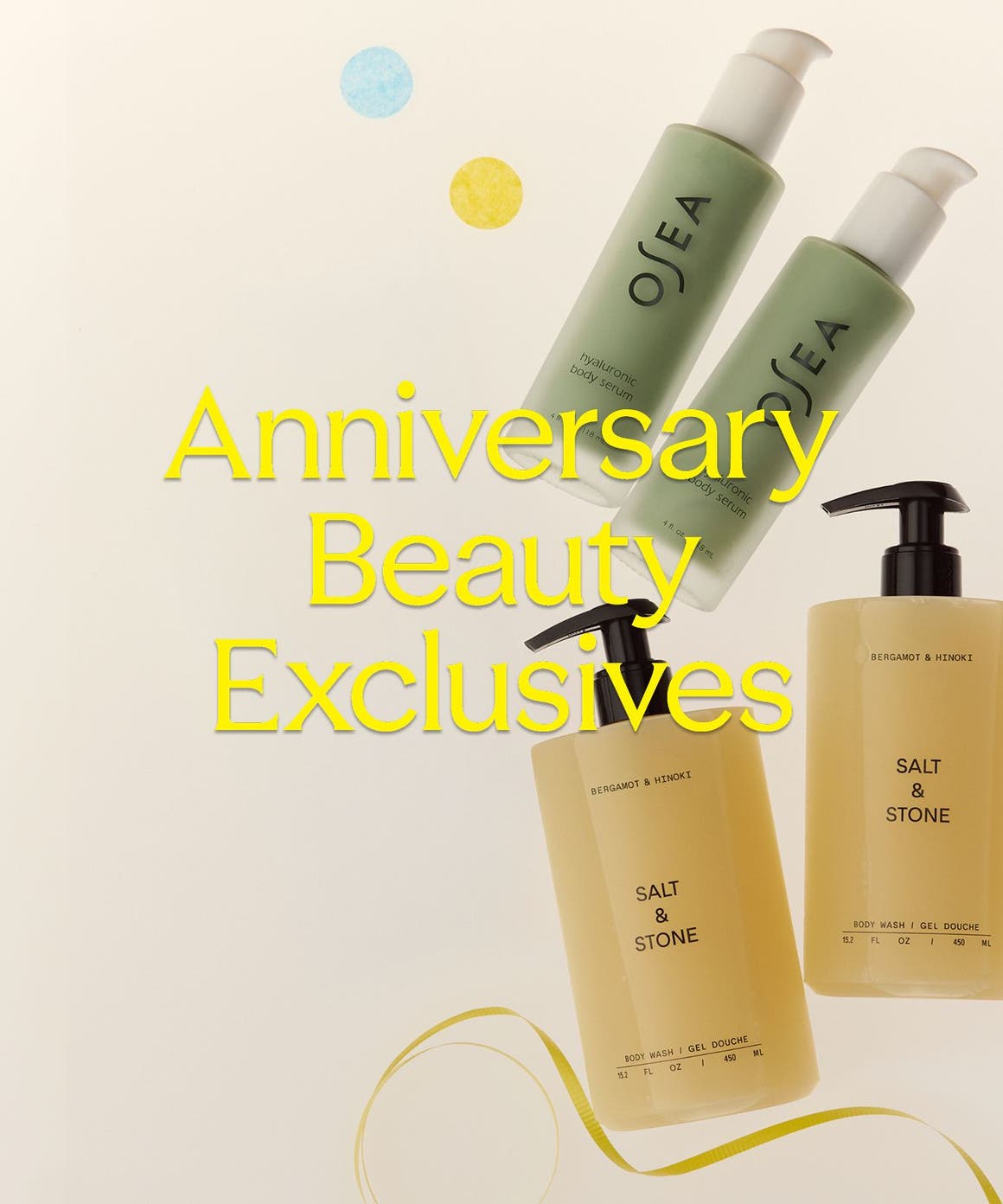 Anniversary Beauty Exclusives: skin care sets from L'Occitane, OSEA and Salt & Stone. 
