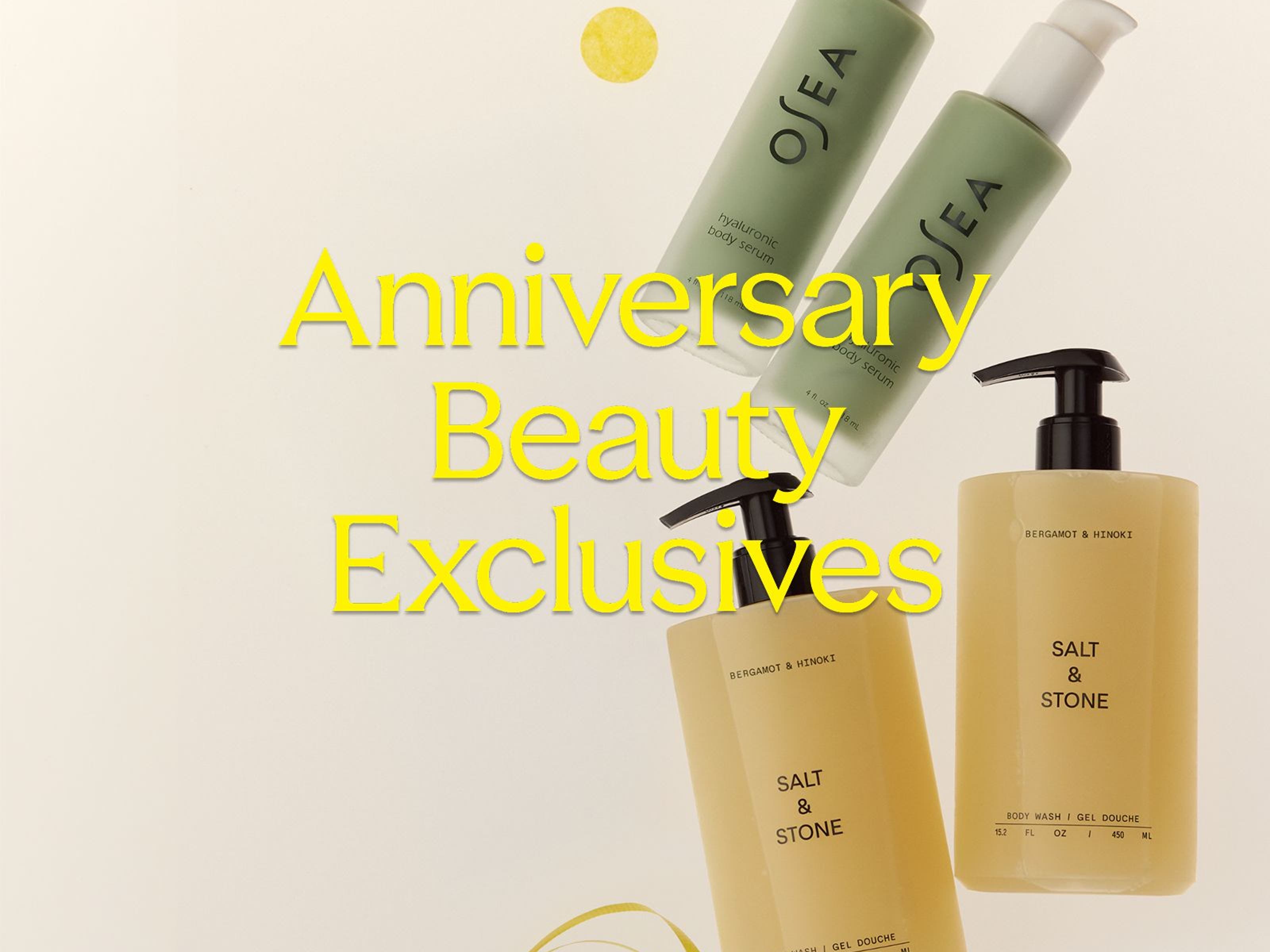Anniversary Beauty Exclusives: skin care sets from L'Occitane, OSEA and Salt & Stone. 
