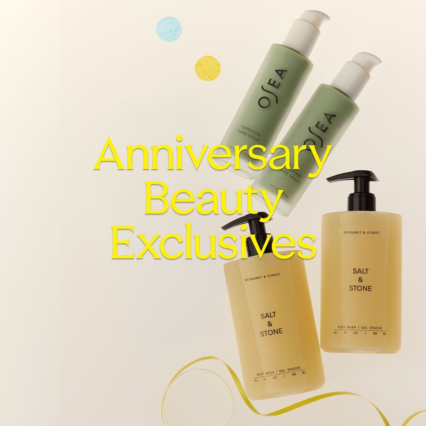 Anniversary Beauty Exclusives: skin care sets from L'Occitane, OSEA and Salt & Stone. 
