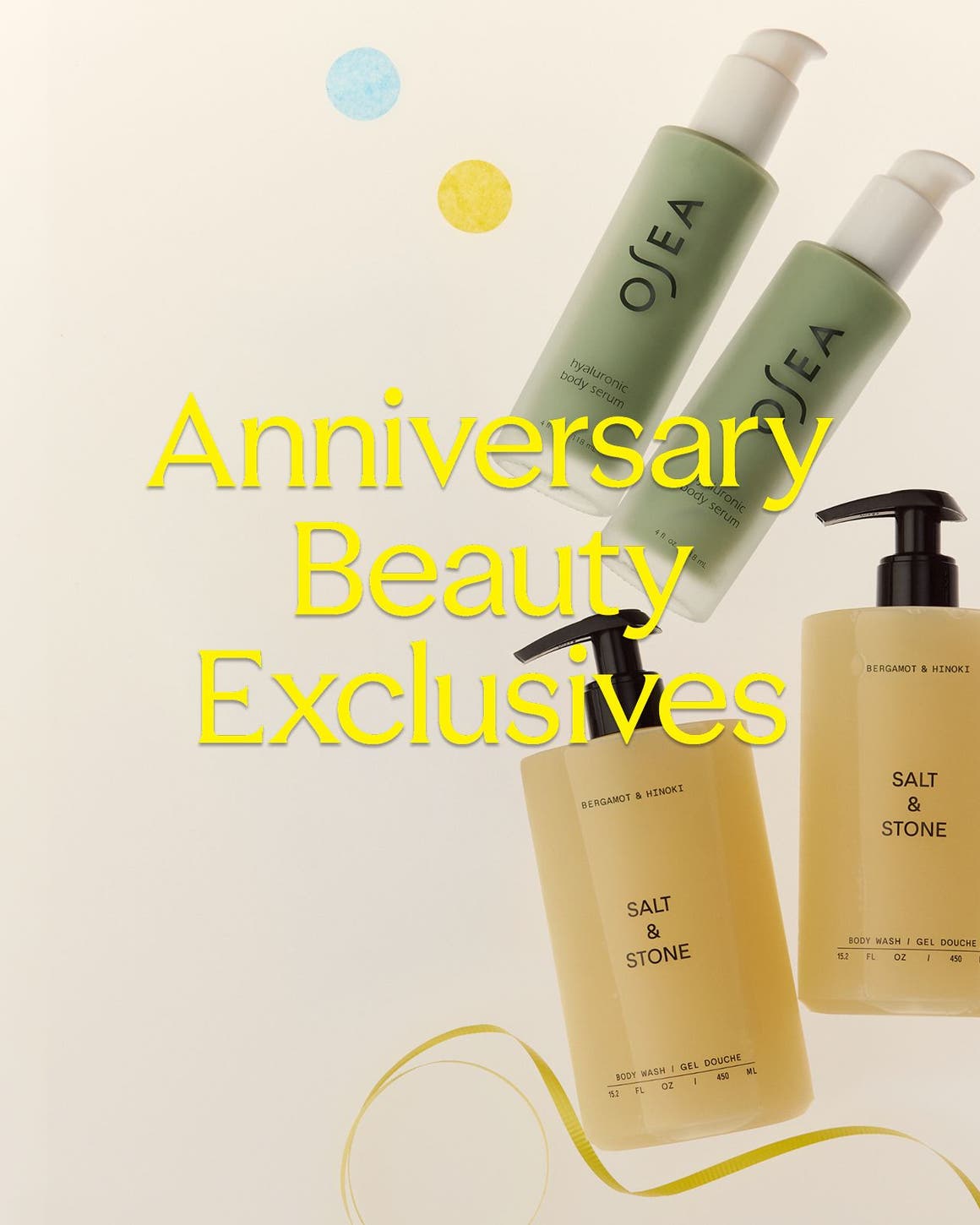 Anniversary Beauty Exclusives: skin care sets from L'Occitane, OSEA and Salt & Stone.