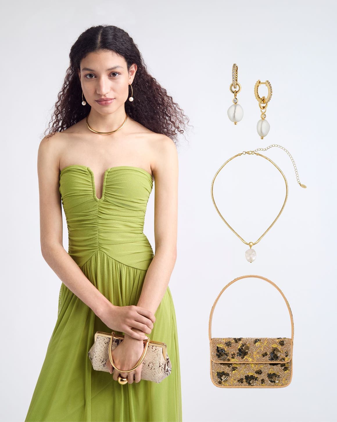 A woman in a green strapless dress with neckline detail, gold hoop necklace and snakeskin clutch.