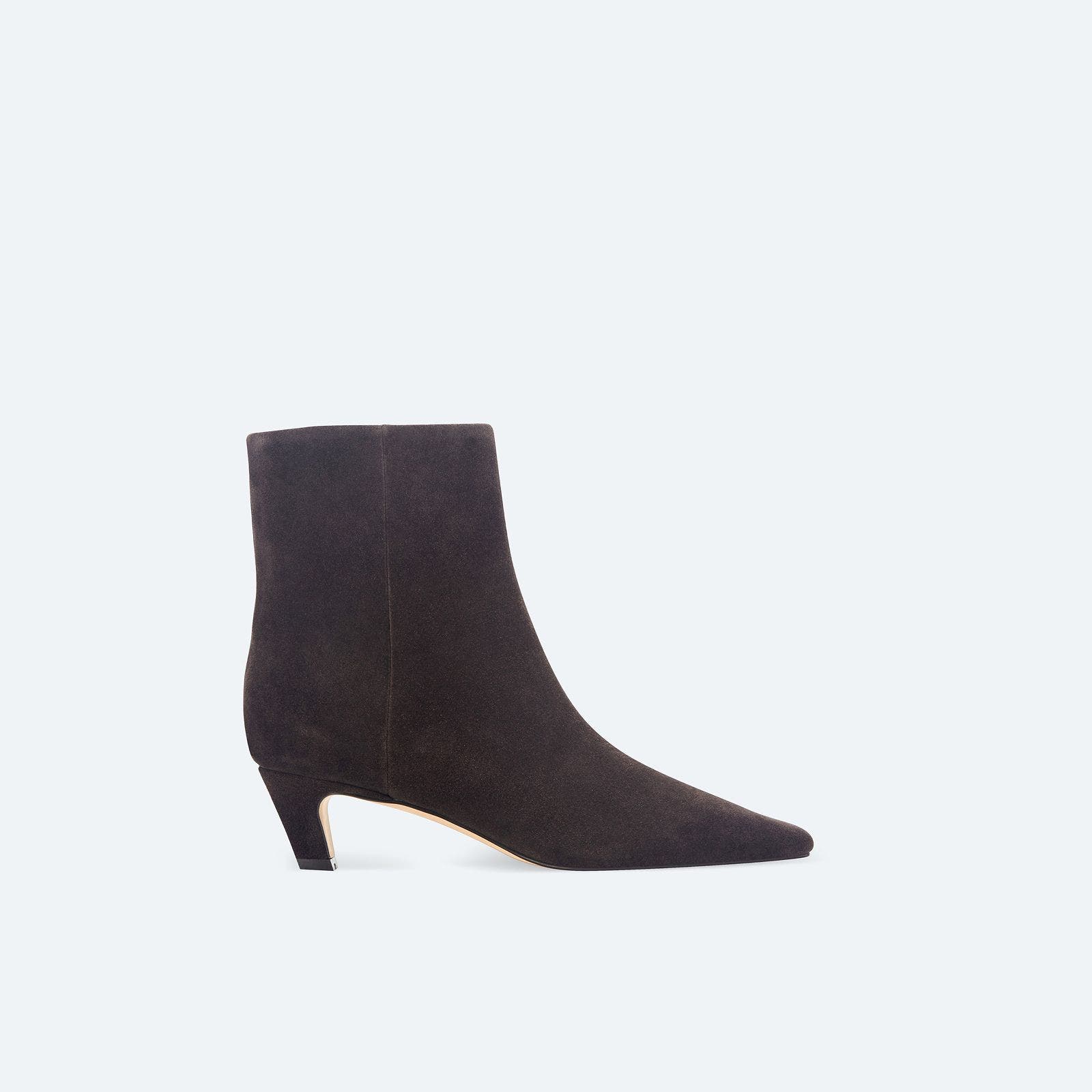 A chocolate-brown kitten heel bootie. 