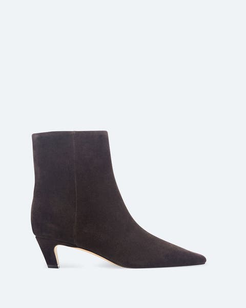 A chocolate-brown kitten heel bootie.