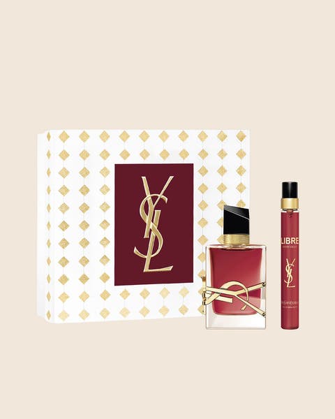 A Yves Saint Laurent Libre perfume gift set with a full-size bottle and travel spray.