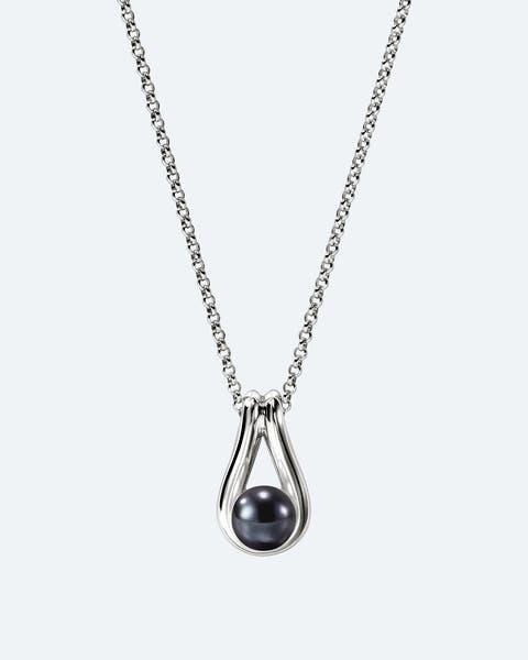 Silver teardrop pendant necklace with a black pearl.