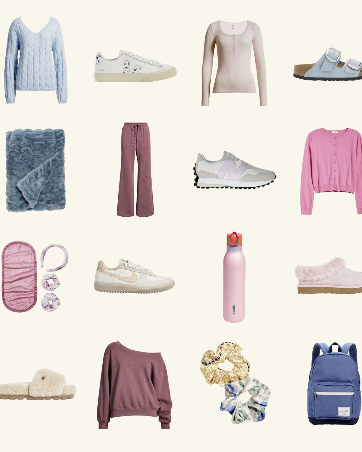 A young woman wearing a pink sweater, sweatpants and pink Birkenstock sandals; collage of women's knits, sneakers and campus essentials. 