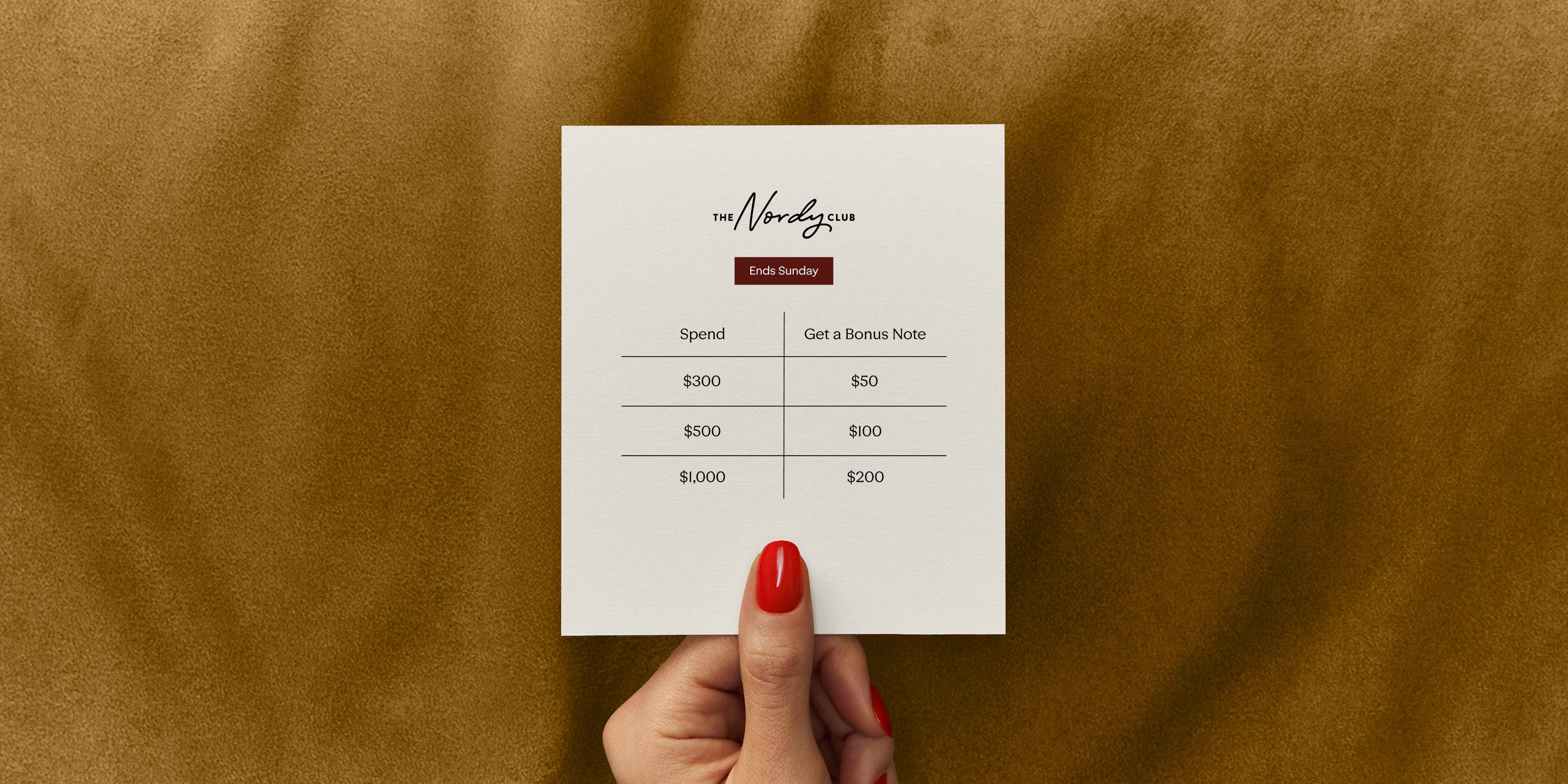 Ends Sunday! Spend $300, Get $50 in Bonus Notes. Spend $500, Get $100. Spend $1,000, Get $200.